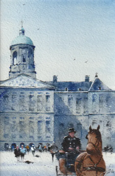Jan Thiecke, Paard en wageni, 240 euro, Watercolour with mount in A4 frame, 13x20 cm
