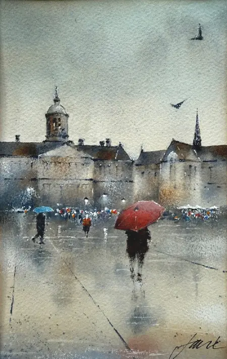 Jan Thiecke, Paleis op de dam en nieuwe kerk, 275 euro, Watercolour in dark wooden frame, 21x13 cm in A4 frame