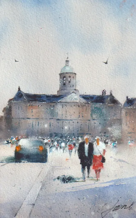 Jan Thiecke, Paleis op de Dam rode rok, 275 euro, Watercolour in light wooden frame, 30x21 cm in A4 frame