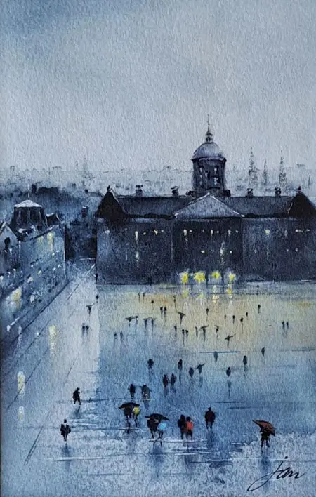 Jan Thiecke, Paleis op de Dam vogelvlucht, 215 euro, Watercolour in mount, unframed, 17x11 cm