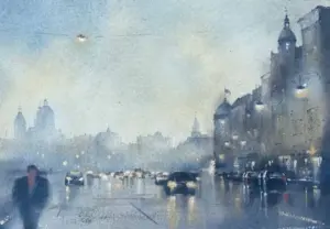 Jan Thiecke, Prins Hendrikkade met man linksvoor, 200 euro, Watercolour in mount and frame, 16x22 cm