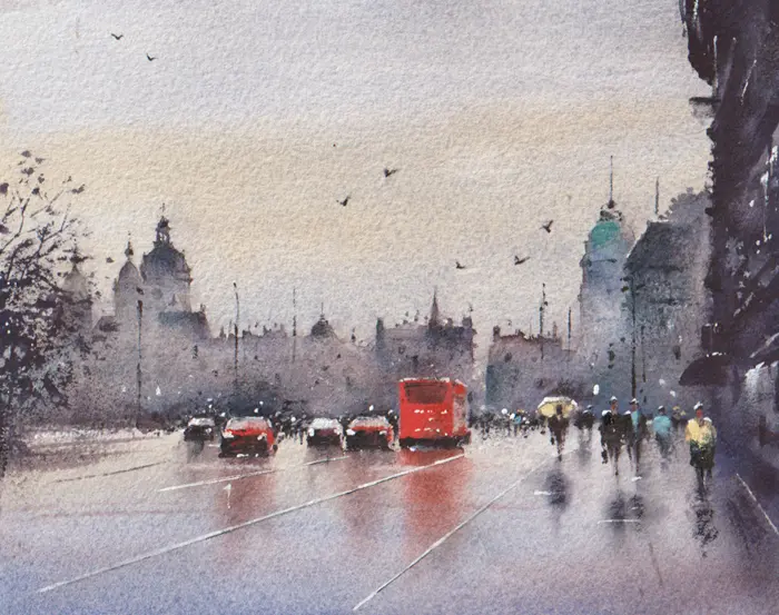 Jan Thiecke, Prins Hendrikkade rode auto, 175 euro, Watercolour in mount and frame, 15x19 cm