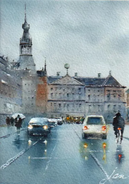 Jan Thiecke, Raadhuisstraat 1 met Paleis op de Dam, 215 euro, Watercolour in mount in frame, 15x11 cm