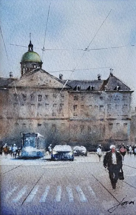 Jan Thiecke, Raadhuisstraat 2 achterkant paleis, 215 euro, Watercolour in mount in frame, 15x11 cm
