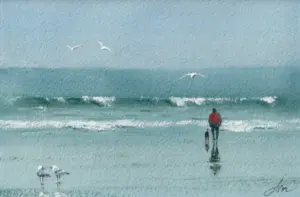Jan Thiecke, Rode Trui, 240 euro, Watercolour with mount in A4 frame, 13x20 cm