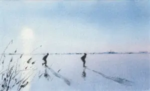 Jan Thiecke, schaatsers, 225 euro, Watercolour on paper in mount in frame, 11x22 cm