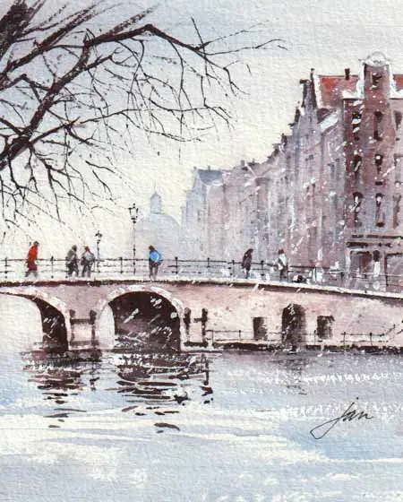 Jan Thiecke, Singel 2 Amsterdam, 125 euro, Watercolour on paper in mount in frame, 9,5x14,5 cm