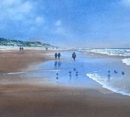 Jan Thiecke, Strand 8 vogels, 150 euro, Watercolour in mount and frame, 16x16 cm