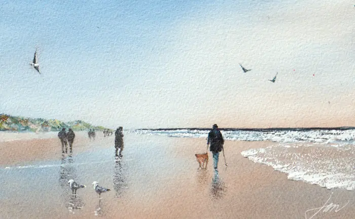 Jan Thiecke, Strand, 275 euro, Watercolour in light wooden frame, 30x21 cm in A4 frame