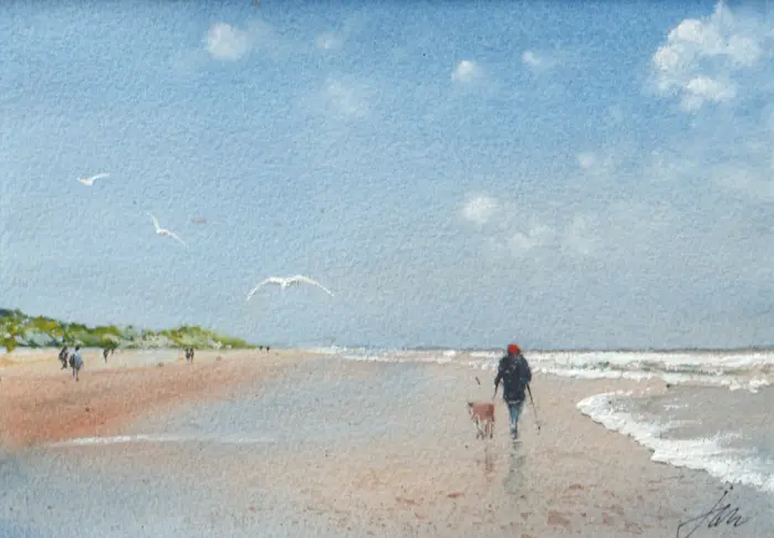 Jan Thiecke, Strandwandeling met duinen, 240 euro, Watercolour with mount in A4 frame, 15x21 cm