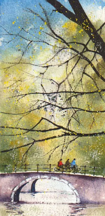 Jan Thiecke, Voorjaar in Amsterdam, Watercolour on paper in mount, unframed, 22x9 cm