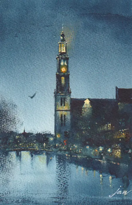 Jan Thiecke, Westerkerk bij nacht, 275 euro, Watercolour in wooden picture frame, 18x13 in A4 frame