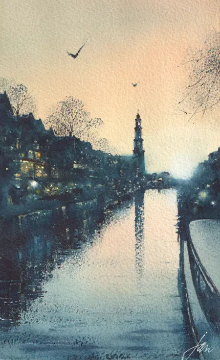Jan Thiecke, Westerkerk in avondlicht, 275 euro, Watercolour in wooden picture frame, 22x13 in A4 frame