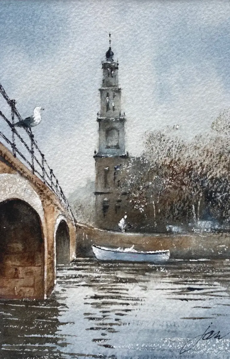 Jan Thiecke, Westertoren 1, 195 euro, Watercolour in simple wooden frame, 15x10 cm (in frame, 26x20 cm)