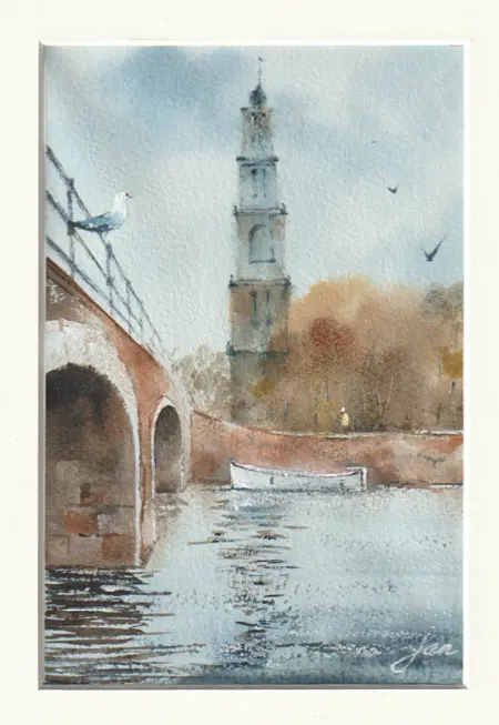 Jan Thiecke, Westertoren, 275 euro, Watercolour in dark wooden frame, 30x21 cm in A4 frame