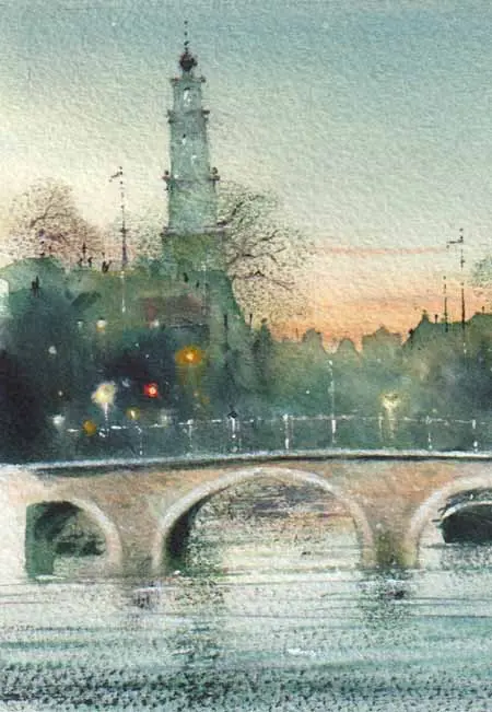 Jan Thiecke, Westertoren Amsterdam, 125 euro, Watercolour on paper in mount, unframed, 15x10 cm