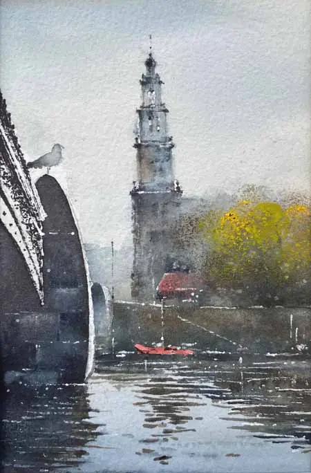Jan Thiecke, Westertoren Amsterdam, 125 euro, Watercolour on paper in mount in frame, 15x10 cm