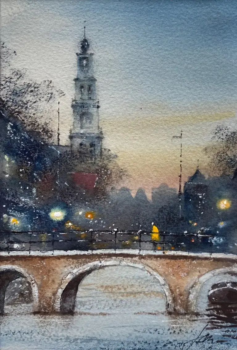Jan Thiecke, Westertoren in de avond, 195 euro, Watercolour in simple wooden frame, 17x12 cm (in frame, 26x20 cm)
