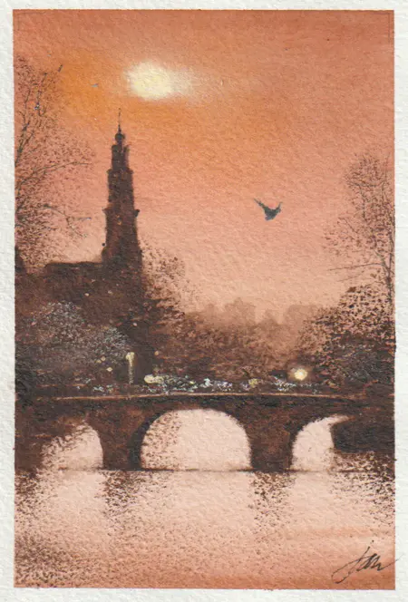 Jan Thiecke, Westertoren oranje avondlicht 2, 225 euro, Watercolour in light wooden frame, 15x20 cm in A4 frame