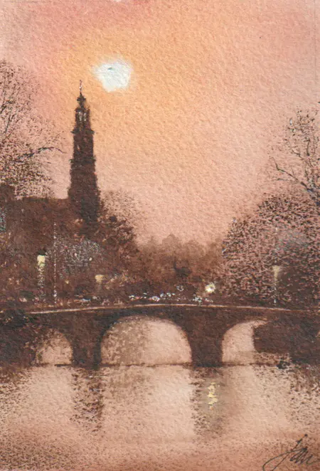 Jan Thiecke, Westertoren oranje avondlicht, 225 euro, Watercolour in light wooden frame, 15x20 cm in A4 frame