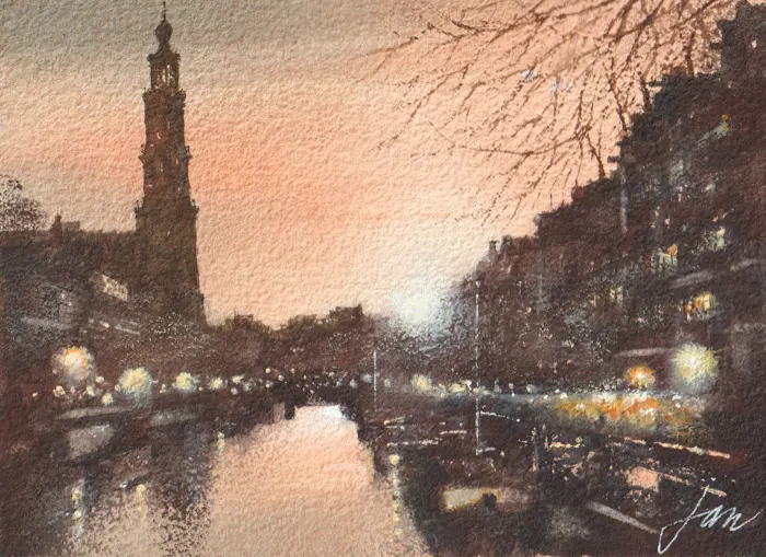 Jan Thiecke, Westertoren, 275 euro, Watercolour in wooden frame, 13x18 cm in A4 frame