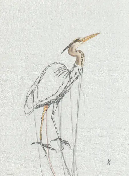 Judith Koning, Blauwe reiger, 125 euro, Mixed media on vintage damask, unframed, 23x18 cm