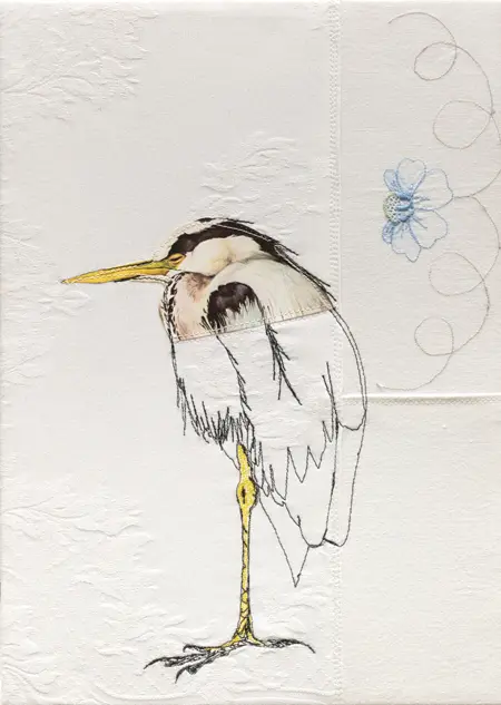 Judith Koning, Blauwe reiger, 175 euro, Mixed media on damask, unframed, 34x24 cm