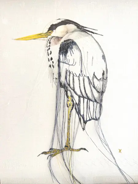 Judith Koning, Blauwe Reiger, 175 euro, Textile and mixed media on damask, unframed, 30x24 cm