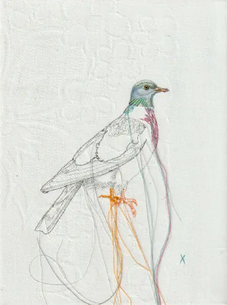 Judith Koning, Duif, 125 euro, Mixed media on vintage damask, unframed, 23x18 cm