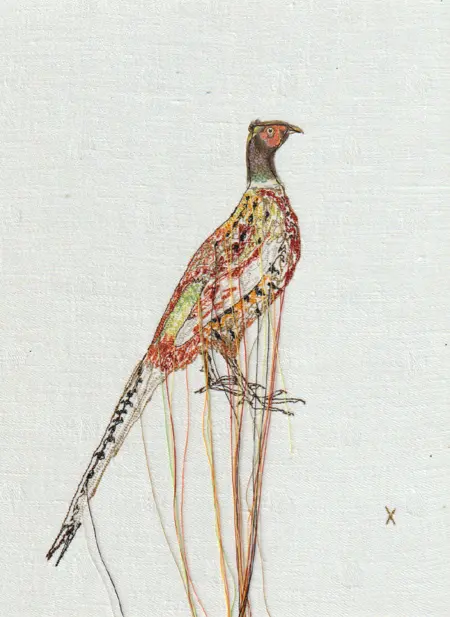 Judith Koning, Fazant, 125 euro, Mixed media on vintage damask, unframed, 23x18 cm