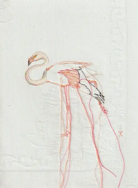 Judith Koning, Flamingo, 125 euro, Mixed media on vintage damask, unframed, 23x18 cm