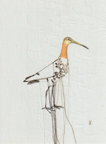 Judith Koning, Grutto, 125 euro, Mixed media on vintage damask, unframed, 23x18 cm