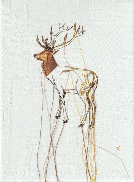 Judith Koning, Hert, 125 euro, Mixed media with vintage bird book and damask, unframed, 24x18 cm