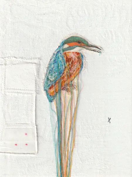 Judith Koning, IJsvogel 4, 125 euro, Mixed media on vintage damask, unframed, 24x18 cm