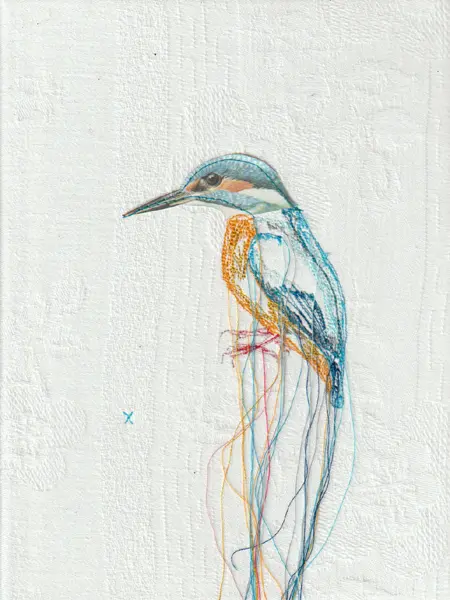 Judith Koning, IJsvogel , 125 euro, Mixed media with vintage bird book and damask, unframed, 24x18 cm