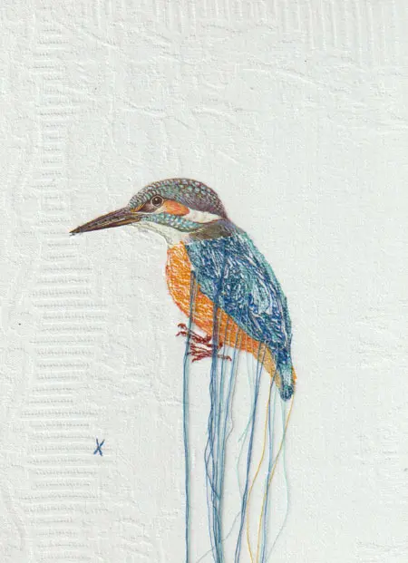 Judith Koning, IJsvogel, 125 euro, Mixed media on vintage damask, unframed, 23x18 cm