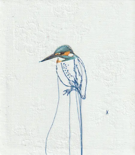 Judith Koning, IJsvogel klein, 125 euro, Mixed media with vintage bird book and damask, unframed, 20x17 cm