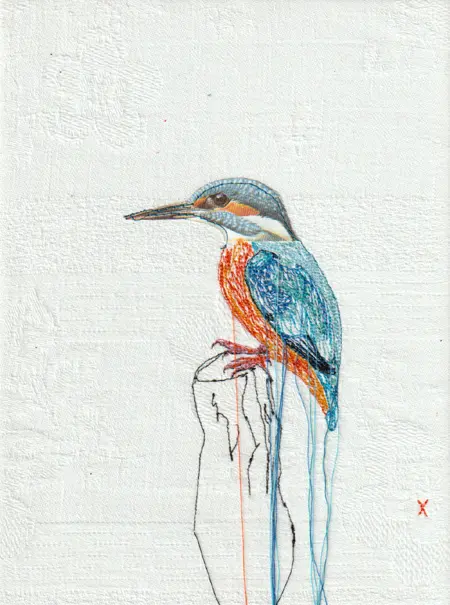 Judith Koning, IJsvogel, 125 euro, Mixed media with vintage bird book and damask, unframed, 24x18 cm