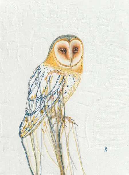 Judith Koning, Kerkuil, 125 euro, Mixed media on vintage damask, unframed, 23x18 cm