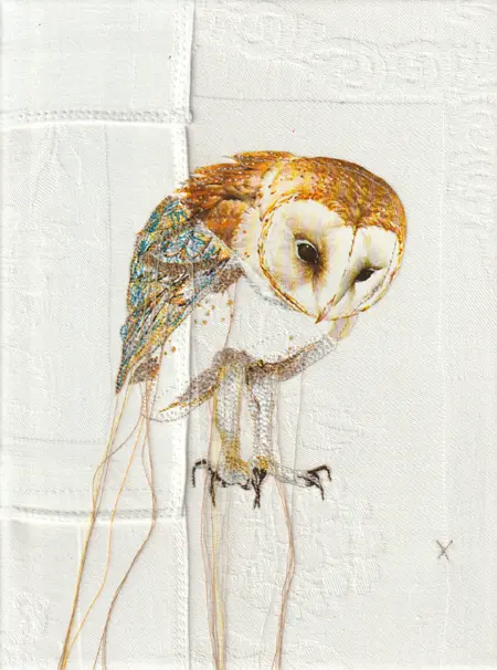 Judith Koning, Kerkuil, 175 euro, Mixed media with vintage bird book and damask, unframed, 24x18 cm