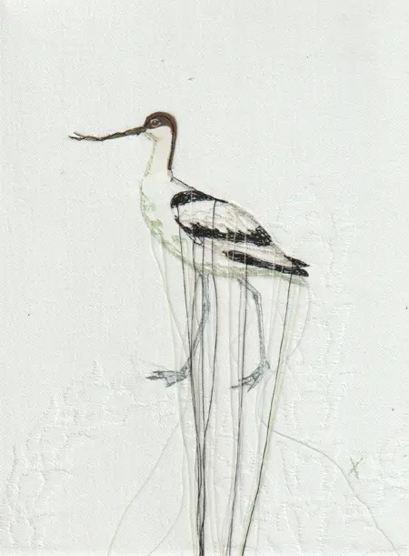 Judith Koning, Kluut, 125 euro, Mixed media on vintage damask, unframed, 23x18 cm