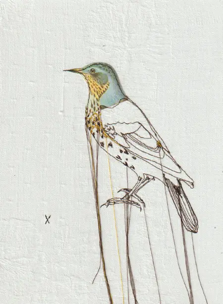 Judith Koning, Kraanvogel, 125 euro, Mixed media on vintage damask, unframed, 23x18 cm