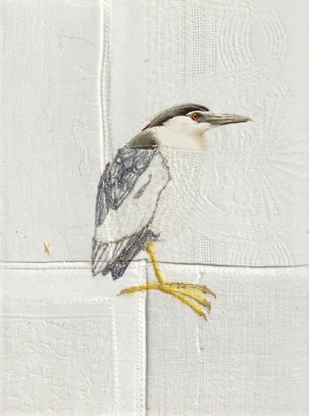 Judith Koning, Kwak, 125 euro, Mixed media on vintage damask, unframed, 23x18 cm