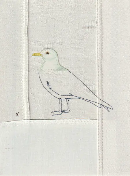 Judith Koning, Meeuw, 125 euro, Mixed media on damask, unframed, 24x18 cm