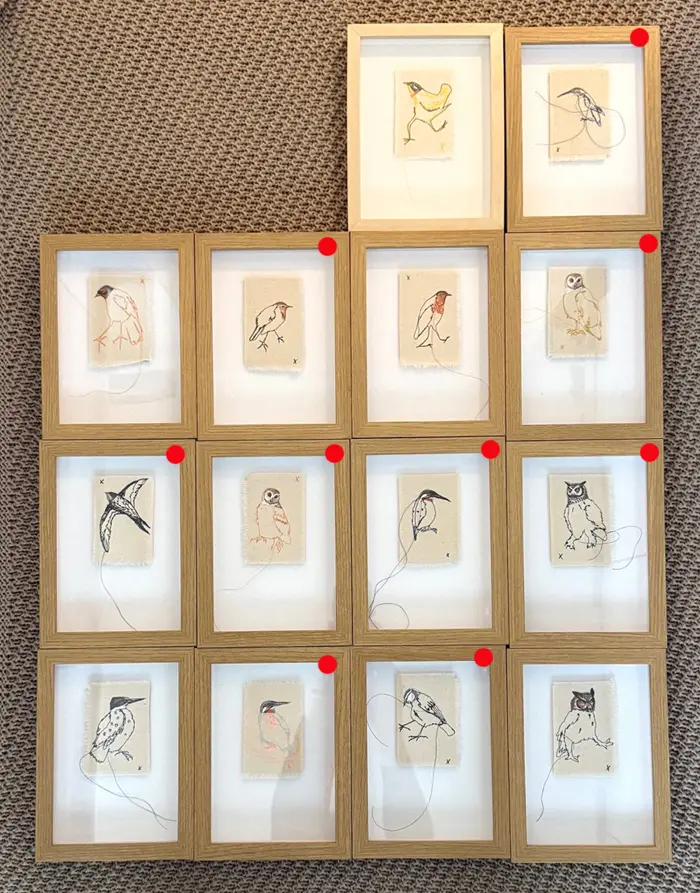 Judith Koning, Mini vogels, 65 euro, Mixed media on linen in wooden frame, 20x15x3 cm incl. frame