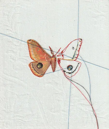 Judith Koning, Nachtpauwoog, 150 euro, Mixed media on old damask, unframed, 14x17,5 cm