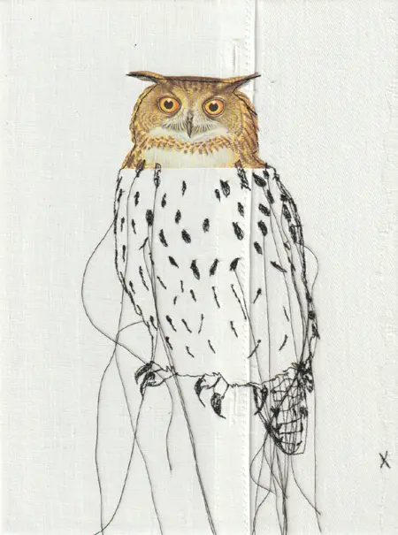 Judith Koning, Oehoe uil, 125 euro, Mixed media with vintage bird book and damask, unframed, 24x18 cm