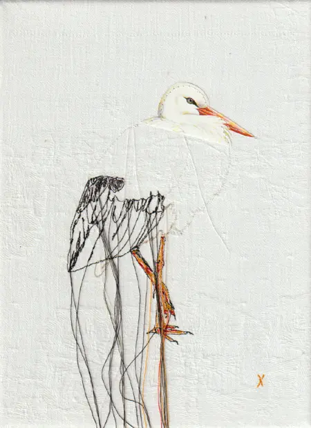 Judith Koning, Ooievaar, 125 euro, Mixed media on vintage damask, unframed, 23x18 cm
