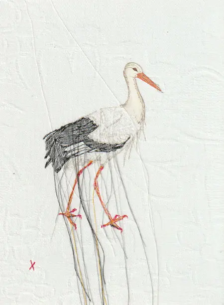 Judith Koning, Ooievaar, 125 euro, Mixed media on vintage damask, unframed, 23x18 cm