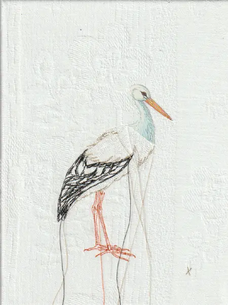 Judith Koning, ooievaar , 125 euro, Mixed media with vintage bird book and damask, unframed, 24x18 cm